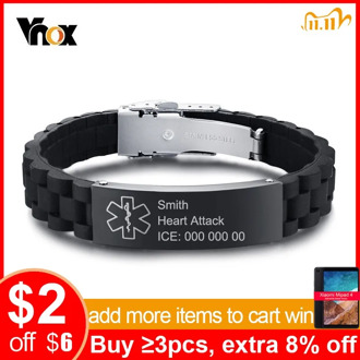 Vnox Free Engraving Silicone Adjustable Medical Bracelets Sport Emergency ID Bracelets for Men Women Unisex pulsera