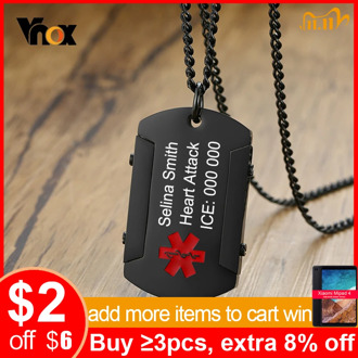 Vnox Free Personalize Black Medical Alert ID Pendant for Men Stainless Steel Thick Dog Tough Man Tag Necklace