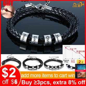 Vnox Free Personalize Family Name Bracelets for Men Layered Leather With Beads Charm Bracelet Couple Anniversary Gift to DAD Son