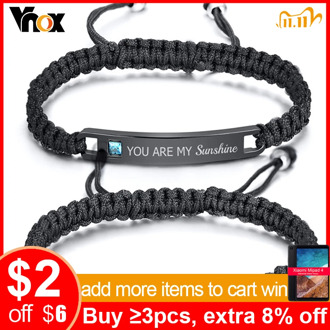 Vnox Free Personalized Custom Couple Bracelets for Women and Men Handmade Rope Braided Nameplate ID Matching Size Adjustable