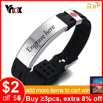 Vnox Free Personalized Engraving 15mm Medical Alert ID Bracelet for Men Women Silicone Stainless Steel Watch Band Adjustable