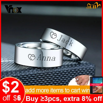 Vnox Free Personalized Name Love Couple Wedding Rings for Women Man Never Fade Color Stainless Steel Custom Promise Anel