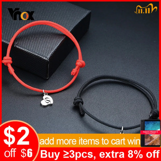 Vnox Handmade Couple Rope Bracelet Personalize Engrave Initial Letter Name Bangle for Women Men Stainless Steel Heart Coin Charm