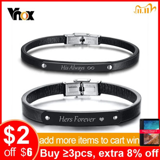 Vnox His and Her Matching Couple Leather Bracelets Personalized Custom Engraving Boyfriend Girlfriend Valentine's Day Gift
