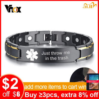 Vnox Just throw me in the trash Men Medical Alert ID Bracelet Black Stainless Steel Magnet Pain Relief Emergency Reminder Bangle