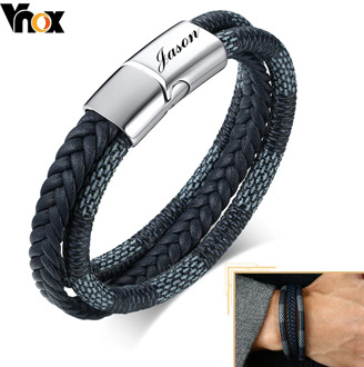 Vnox Layered Leather Bangle for Men Customized Name Clasp Lowhey Braided Black Leather Wristband Bracelet Anniversary Gift