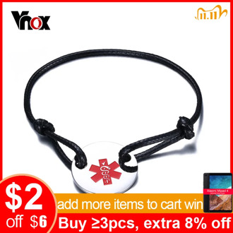 VNOX Medical Alert ID Star of Life Bracelet Stainless Steel Coin Black & Red Rope Bangle Adjustable Size 5.5"-10" Free Engraving