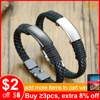 Vnox Men's Black Braided Leather Bracelets with Personalize Engrave Custom Gifts for Him Jewelry