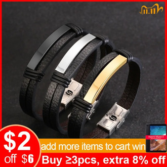 Vnox Mens Black Leather Bracelets Personalized Engraving Customize Info pulsera masculina 8.07"