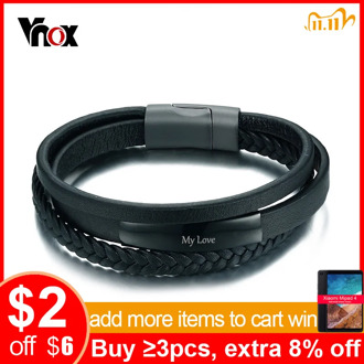 Vnox Multi-Layer Genuine Leather Bracelet Bangle for Men Personalized Name Logo Service