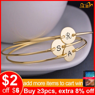 Vnox Name Initial Bangle for Women Girl Gold Tone Stainless Steel Personalize Letter Coin Cuff Bracelet Party Jewelry