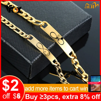 Vnox Personalize Couple Bracelets Gold Color Solid Stainless Steel Link Chain Bracelet Birthday Anniversary Gift