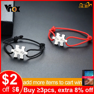 Vnox Personalize Engrave Love Name Stainless Steel Puzzles Heart Coin Charm Bracelets for Women Men with Handmade Rope Chain