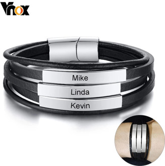 Vnox Personalize Family Names Bracelet for Men Multi Layered Leather Bangle with Glossy Stainless Steel Tag Wide Punk Wristband