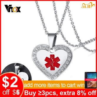 Vnox Personalize Medical Alert ID Crystal Pendant Heart Necklace Anti Allergy Stainless Steel Emergency Reminder Jewelry