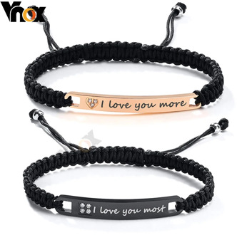 Vnox Personalized Custom His and Hers Couple Bracelets for Women Men Handmade Rope Braided Nameplate ID Matching for Lovers