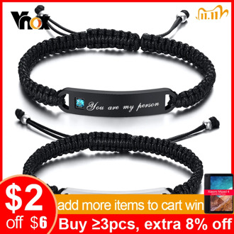 Vnox Personalized Handmade Braided Bracelets for Couples Stainless Steel Bar AAA CZ Stone Women Men Birthday Anniversary Gift