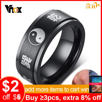 Vnox Spinner Yingyang Bagua Balance Ring for Men Black Stainless Steel Chinese Character Engraved Lucky Blessing Customized Ring
