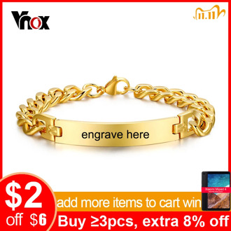 Vnox Stainless Steel Mens ID Bracelets Bangle Gold Color Curb Link Chain Spring Closure Customize Name Date Info Male Boy Bijoux