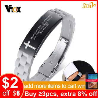 Vnox Stainless Steel Religious Quote Faith Christian Bible Verse Inspirational ID Wristband Cross Bracelets for Men Custom Gift
