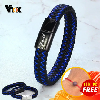 Vnox Stylish Men's Bracelet Customize Name Image Stainless Steel Bangle with Clasp Braided Leather Gents Fraternal Jewery