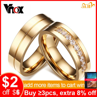 Vnox Trendy Wedding Bands Rings for Women / Men Love Gift Gold-color Stainless Steel CZ Promise Couple Jewelry