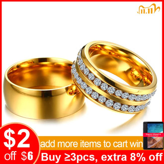 Vnox Trendy Wedding Rings for Women Men CZ Stones Gold Color Stainless Steel Jewelry Engagement Anniversary Valentine's Day Gift