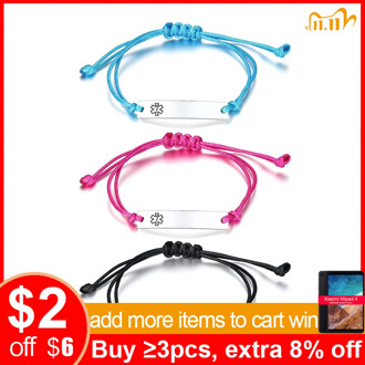 Vnox Unisex Medical Cross ID Bracelets for Women Men Kids Personalize Stainless Steel Bar with Adjustable Length Rope Chain