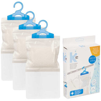Vocht opnemende korrels 450 gram - 3x - Tegen schimmel/condens/geur - kledingkast - aan ophang haak