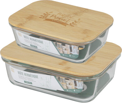 Voedsel bewaar/vershoud bakjes - 2x - bamboe deksel - 1000 ml en 1500 ml - ovenbestendig glas