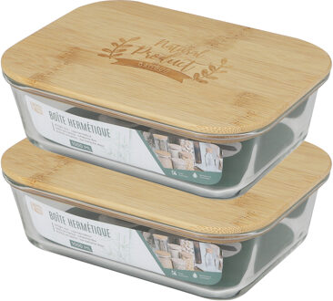 Voedsel bewaarbakje/vershoudbakje - 2x - bamboe deksel - 1000 ml - ovenbestendig glas - luchtdicht