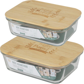 Voedsel bewaarbakje/vershoudbakje - 2x -bamboe deksel - 1500 en 1000 ml - ovenbestendig