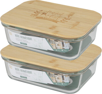 Voedsel bewaarbakje/vershoudbakje - 2x - bamboe deksel - 1500 ml - ovenbestendig glas - luchtdicht