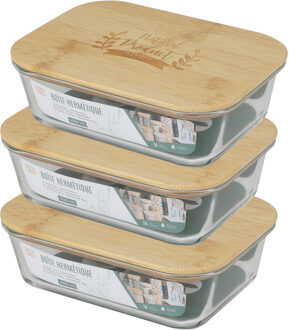 Voedsel bewaarbakje/vershoudbakje - 3x - bamboe deksel - 1000 ml - ovenbestendig glas - luchtdicht
