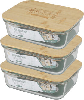 Voedsel bewaarbakje/vershoudbakje - 3x - bamboe deksel - 1500 ml - ovenbestendig glas - luchtdicht