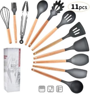 Voedsel-Graded Siliconen Keukengerei Set Met Houten Handvat En 11 Verschillende Tools Voor Verbeteren De Koken Ervaring In Keuken zwart
