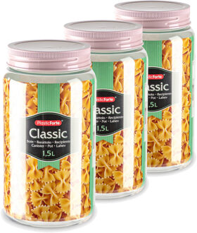 voedsel voorraadpot - 3x - weckpotten - roze - 1500 ml - kunststof - met draai deksel