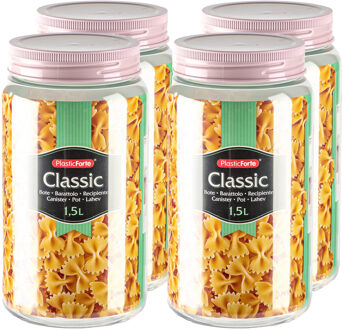 voedsel voorraadpot - 4x - weckpotten - roze - 1500 ml - kunststof - met draai deksel