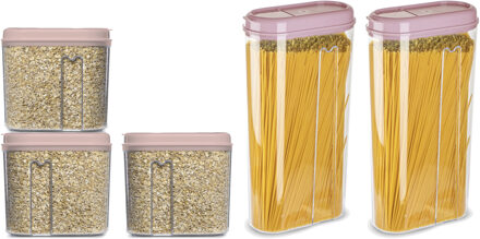 Voedselcontainers set - 5 stuks - licht roze - 2350ml en 1000ml - kunststof - voorraadpot/strooibus