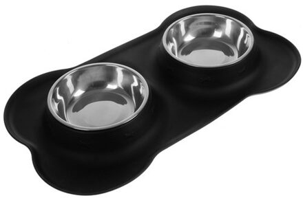 Voer- en drinkbak huisdier - dubbele bakjes - zwart - siliconen/RVS - honden/katten