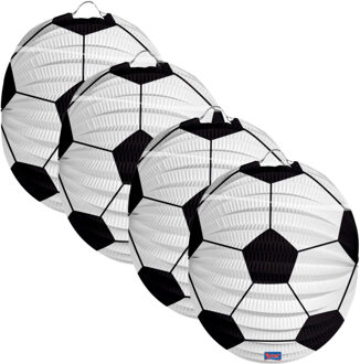 Voetbal thema lampion - 4x - rond - 22 cm - wit/zwart - versiering - sport - papier
