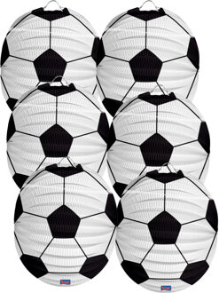 Voetbal thema lampion - 6x - rond - 22 cm - wit/zwart - versiering - sport - papier