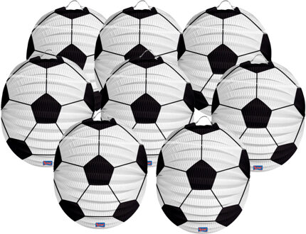 Voetbal thema lampion - 8x - rond - 22 cm - wit/zwart - versiering - sport - papier