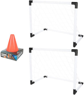 Voetbaldoel Set - 2x doelen - met 4x pionnen - wit/zwart - kunststof - 64 x 49 x 35 cm