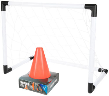 Voetbaldoel set - met 4x pionnen - wit/zwart - kunststof - 64 x 49 x 35 cm