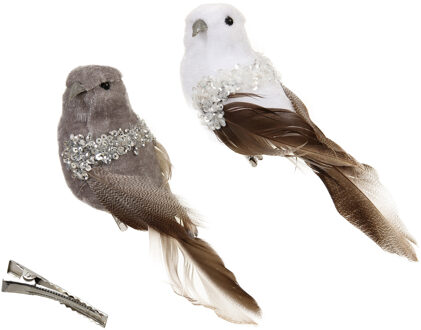vogels op clip - 6x stuks - grijs/wit - 17 cm