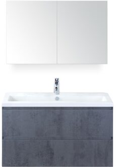 Vogue Badmeubelset 100 cm - Greeplijst in Kleur - Beton Antrac - Keramische Wastafel Wit 1 Kraangat met Spiegel
