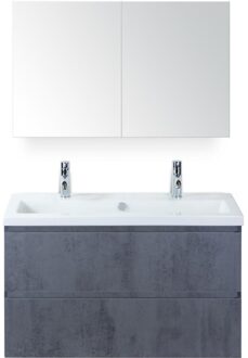 Vogue Badmeubelset 100 cm - Greeplijst in Kleur - Beton Antrac - Keramische Wastafel Wit 2 Kraangaten met Spiegel