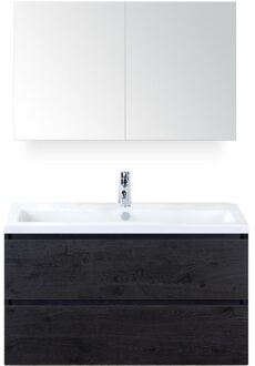 Vogue Badmeubelset 100 cm - Greeplijst in Kleur - Black Oak - Keramische Wastafel Wit 1 Kraangat met Spiegelkast