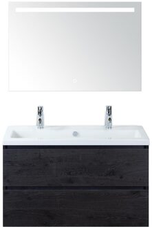 Vogue Badmeubelset 100 cm - Greeplijst in Kleur - Black Oak - Keramische Wastafel Wit 2 Kraangaten met Sence Spiegel